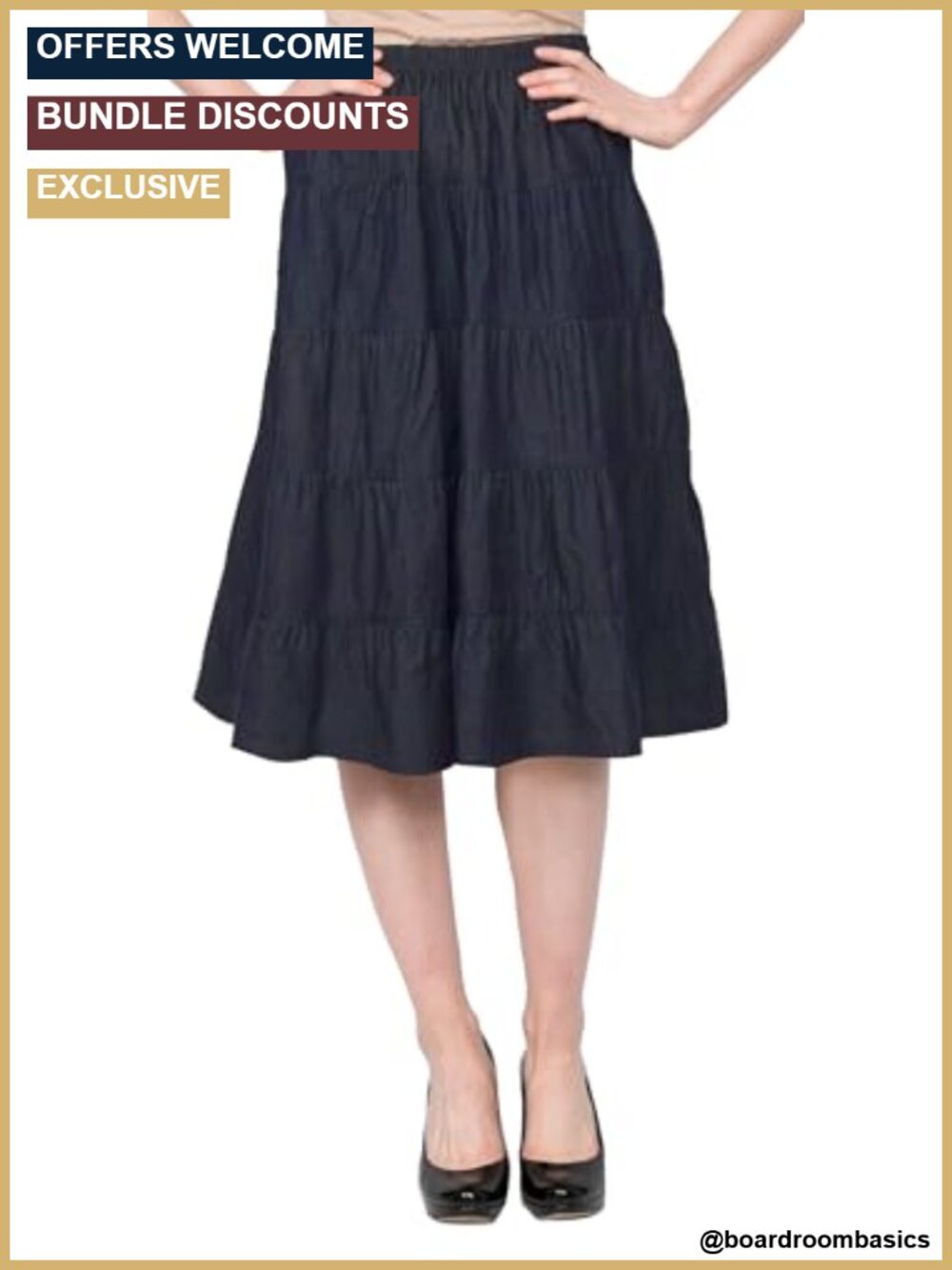 Women's 100% Cotton Tiered Prairie Skirt Below Knee Pull-On Casual